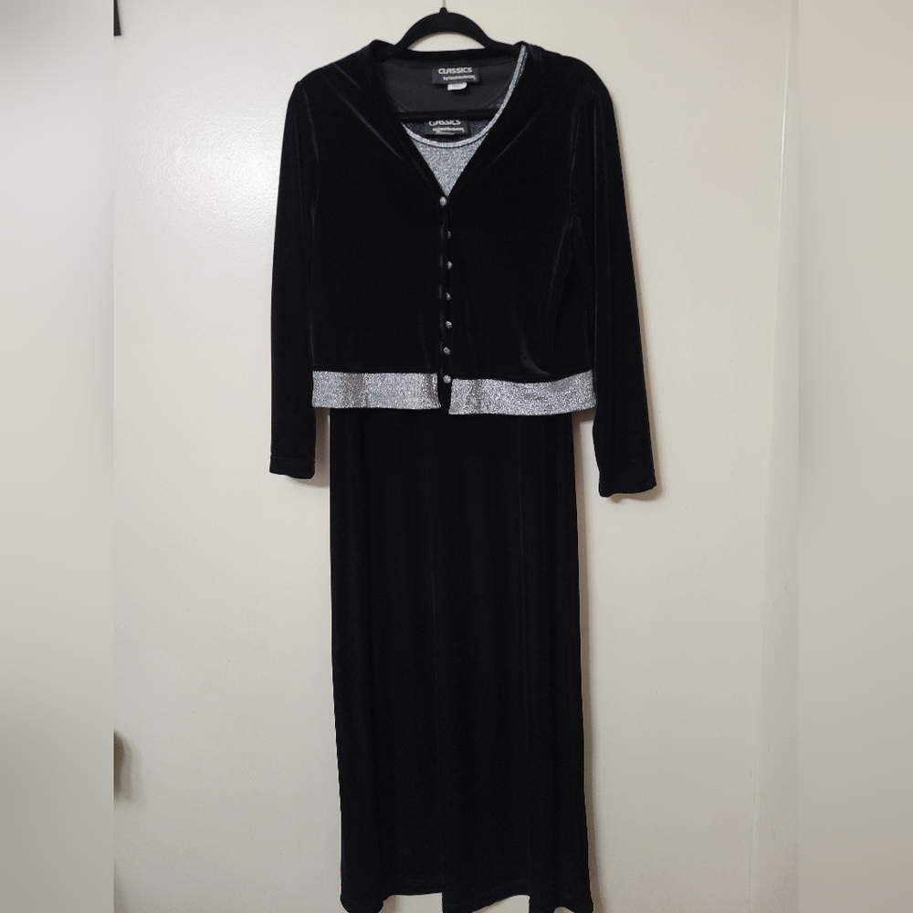 Vintage 90s Retro Carol Anderson Black/Silver Velvet Sleevless Dress w/ Cardigan